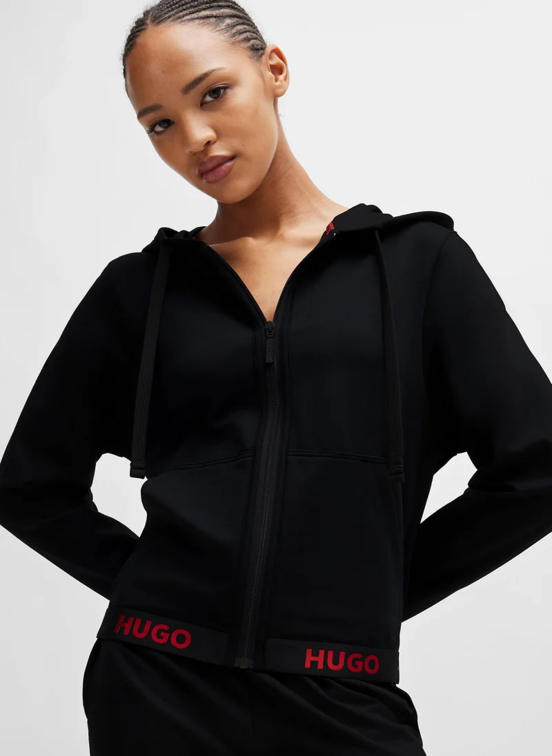 HUGO Cotton-blend zip-up hoodie with logo waistband