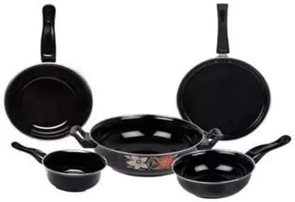 ATEVON cookware Collection Set of 5 pcs (Induction Base) Black Include Kadhai, Tawa, Fry Pan, Tadka pan, Milk Pan, Enamel Cast Iron - Image 3
