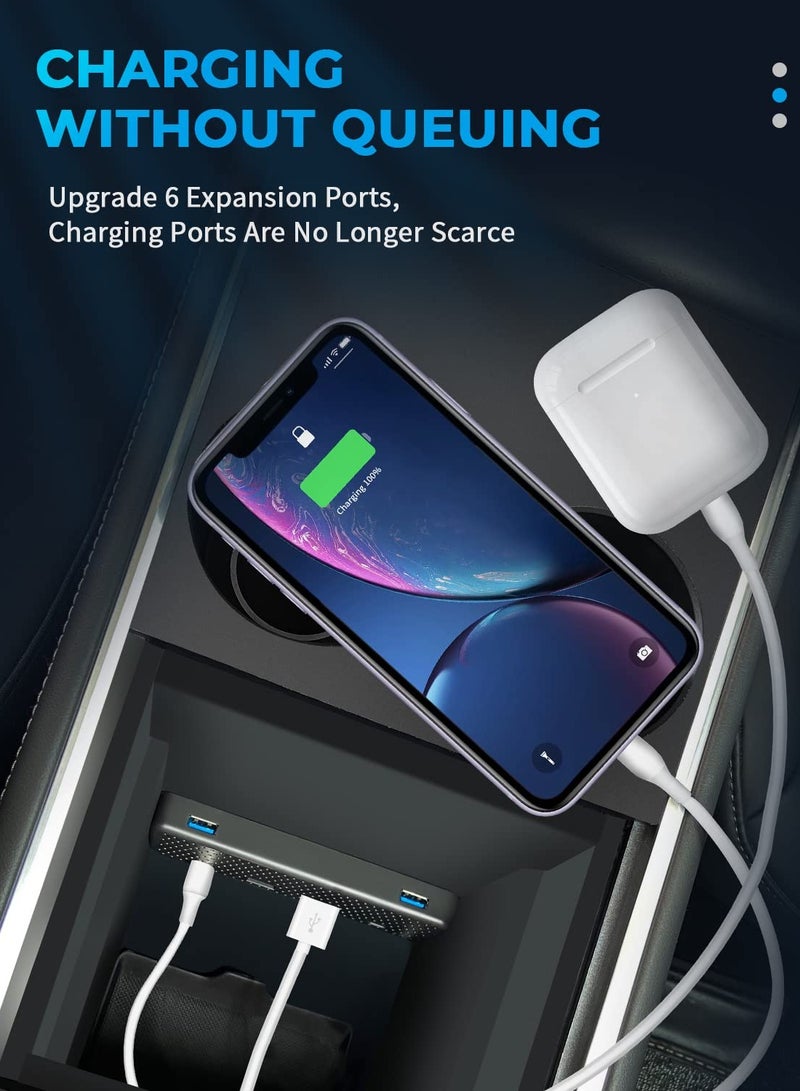 KASTWAVE 6 in 1 USB Hub Accessories Docking Station for Tesla 2021 2022 Model Y 3 , Car Accessories of Center Console Smart Sensor Provides Charging & Data Transfer for Smart Phones, Game Controller - Image 2