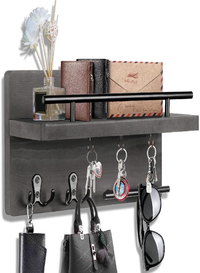 OurWarm Key Holder for Wall Decorative with 5 Key Hooks, Wall Mounted Key Hangers for Wall with Mail Key Rack, Wooden Mail Organizer with Shelf, Rustic Home Decor for Entryway Mudroom Office Hallway - Image 1