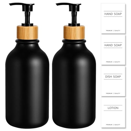 KASUNTING Hand Soap Dispenser Bathroom, Black Dish Soap Dispenser for Kitchen, 17 Fl Oz Plastic Hand and Dish Soap Dispensers Set with Bamboo Pump, 2 Pack Refillable Liquid Lotion Containers Bottle - Image 1