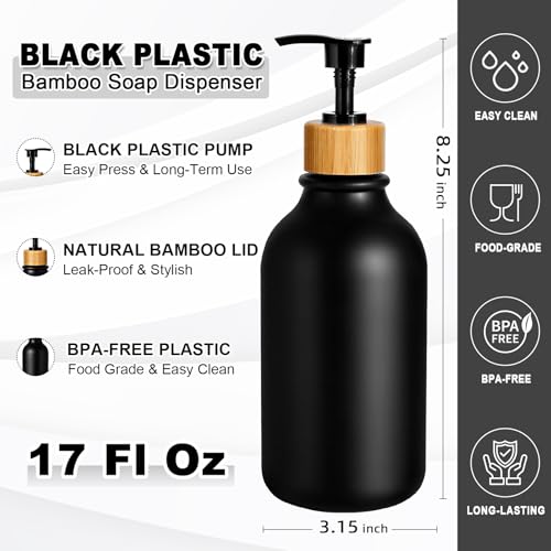 KASUNTING Hand Soap Dispenser Bathroom, Black Dish Soap Dispenser for Kitchen, 17 Fl Oz Plastic Hand and Dish Soap Dispensers Set with Bamboo Pump, 2 Pack Refillable Liquid Lotion Containers Bottle - Image 2