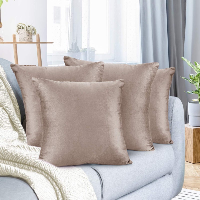 Nestl Nestl Throw Pillow Covers  Cozy Velvet Decorative Outdoor Pillow Covers 18X18 Inches  Soft Solid Cushion Covers for Sofa  Bed and Car  Set of 4 - Taupe Sand  - Image 1