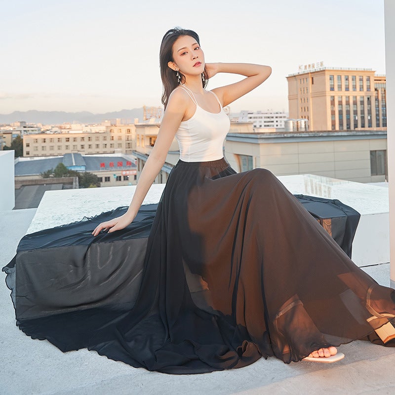 720 Degree Double Layer Large Hem Red Chiffon Skirt Dance Skirt Dance Long Skirt Square Dance Skirt Performance - Image 1