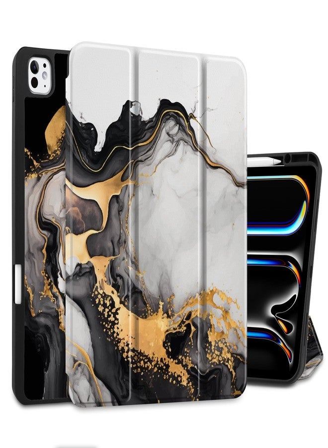 DONGKE جراب دونغكي لجهاز آيباد برو 13 بوصة M4 إصدار 2024 - [حامل قلم مدمج يدعم قلم برو وقلم USB-C] غطاء خلفي فائق النحافة من مادة TPU الناعمة مع حامل ثلاثي الطي يدعم خاصية التشغيل/الإيقاف التلقائي - لون ذهبي رخامي - Image 1