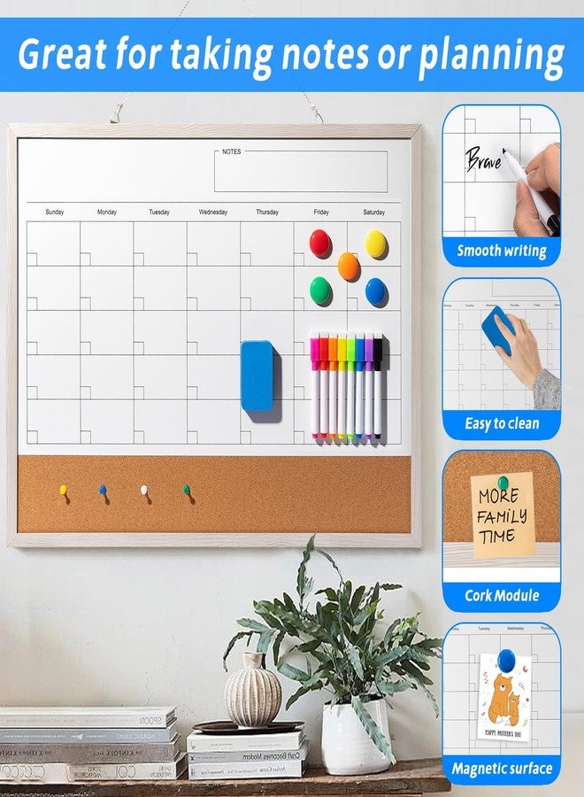 Cazeyoo Dry Erase Calendar Whiteboard, 24" x 18" Magnetic Whiteboard Cork Board Combo, Reusable Monthly Planner with 8 Markers, Eraser, Magnets and Pushpins, Hanging Dry Erase Board for Home, School - White - Image 3