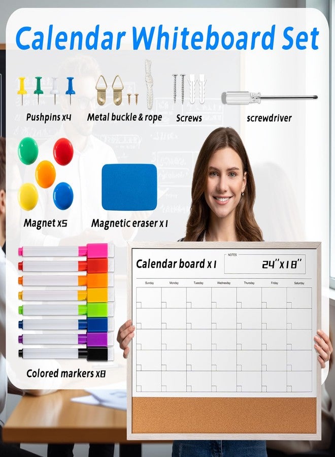 Cazeyoo Dry Erase Calendar Whiteboard, 24" x 18" Magnetic Whiteboard Cork Board Combo, Reusable Monthly Planner with 8 Markers, Eraser, Magnets and Pushpins, Hanging Dry Erase Board for Home, School - White - Image 2