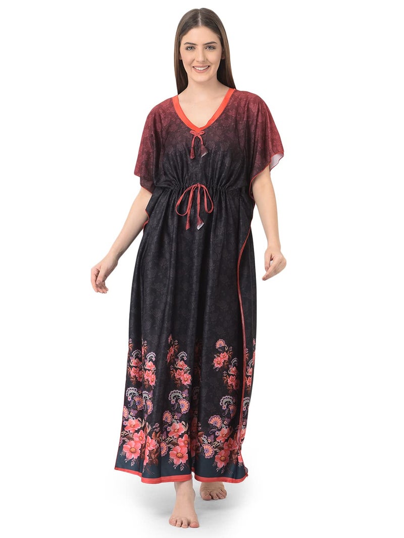 Noty Store Noty Women Polyester Blend Maxi Kaftan Nighty | Digital Print | Sarena Fabric | V Shaped Neck Nightwear | Nightdress, Black, Free Size - Image 1