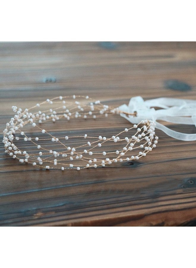 BABEYOND Bridal Headpiece Wedding Headband Pearl Vintage Wedding Hair Bands For Brides With Lace Ribbon (White Beads) - Image 1