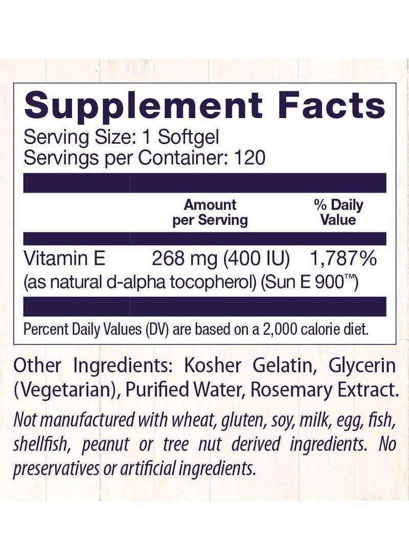 Healthy Origins Vitamin E, 400 IU Sunflower (Sun E 900) - Vitamin E Supplement - Hair, Skin & Nails Vitamins - Non-GMO & Gluten-Free Supplement - 120 Softgels  - Image 4
