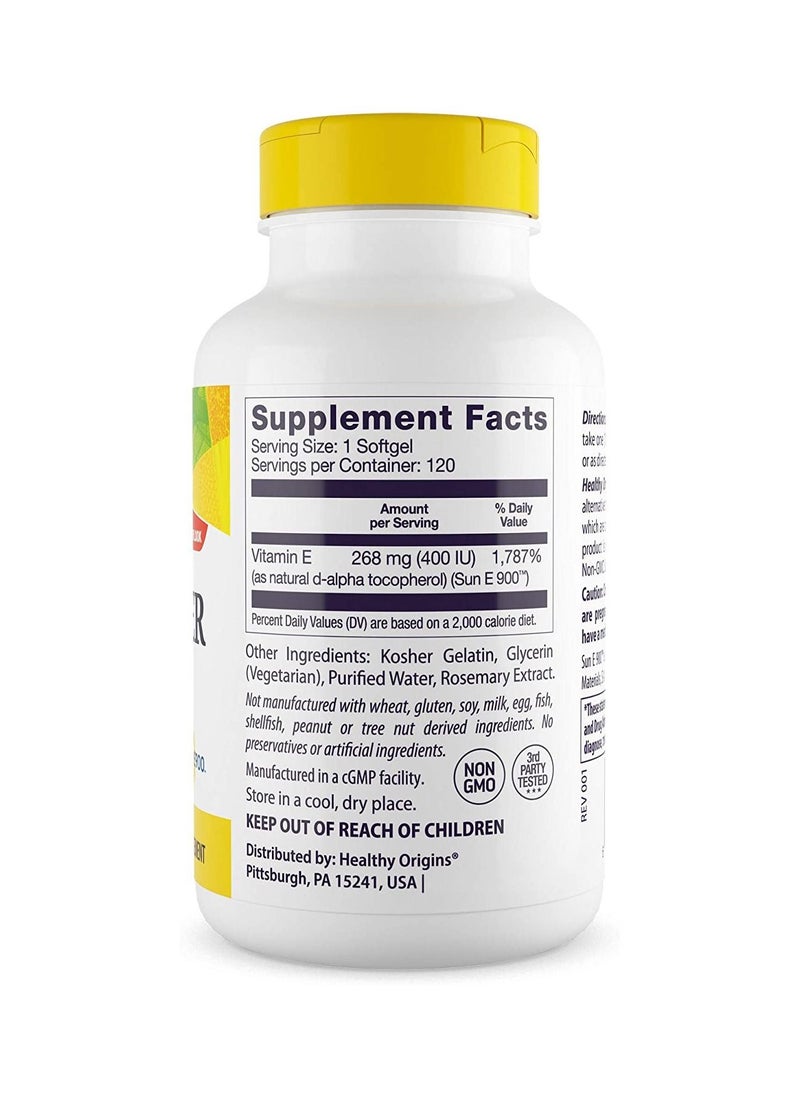 Healthy Origins Vitamin E, 400 IU Sunflower (Sun E 900) - Vitamin E Supplement - Hair, Skin & Nails Vitamins - Non-GMO & Gluten-Free Supplement - 120 Softgels  - Image 2