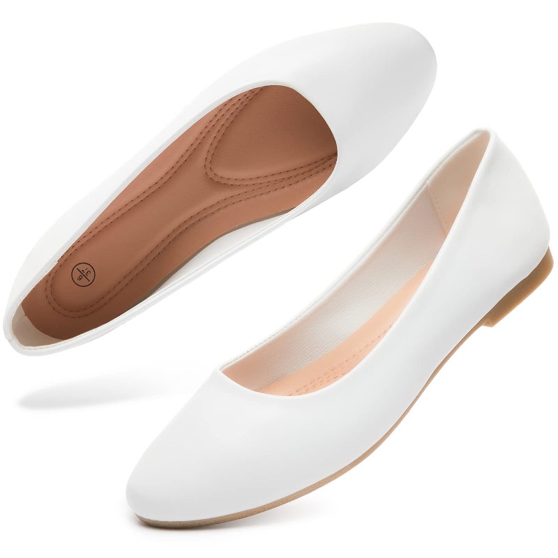 hash bubbie Women's Flats Shoes Ballet Flats Dress Shoes Comfortable PU Leather Slip on Shoes for Women(White.US7) - Image 1
