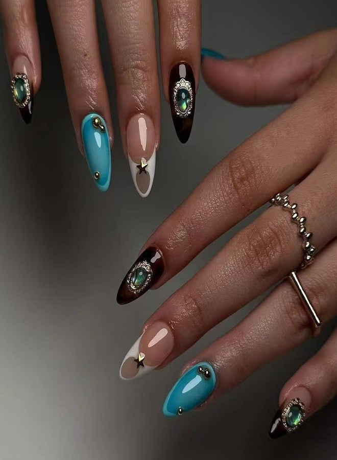 Awdsluy 24Pcs Leopard Press On Nails Medium Almond Fake Nails With 3D Oval Charms Design Glod Star Blue Glue On Nails White French Tip Nude Glossy Full Cover Acrylic Nails For Women Decor