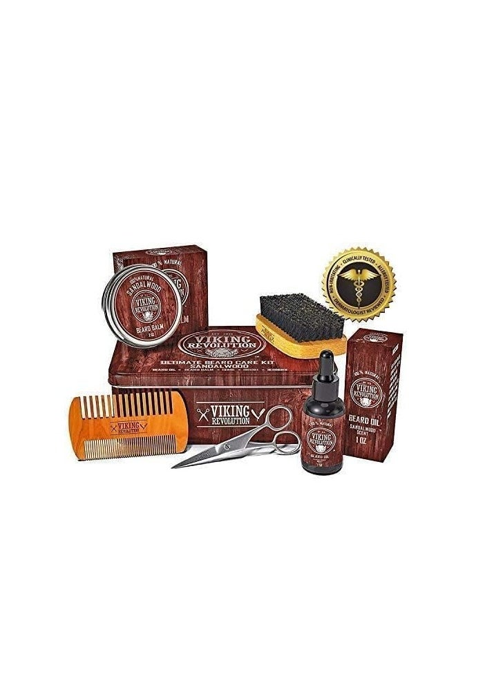 Viking Revolution Viking Revolution Ultimate Grooming Kit for Men - Boar Brush, Wood Comb, Sandalwood Balm & Oil, Scissors for Beard & Mustache  - Image 2