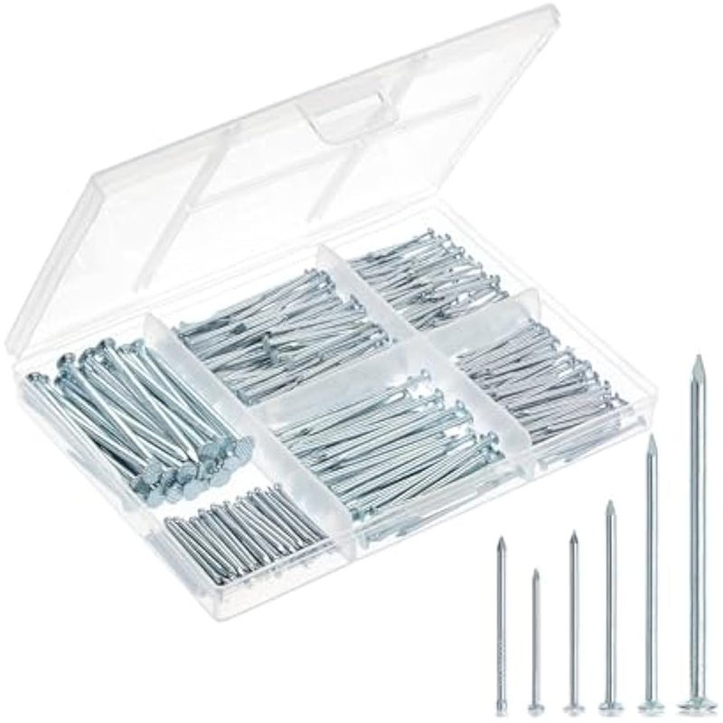 - Nail Assortment Kit, 400 PCS, 6 Sizes, Silver, Small Nails for Hanging Pictures, Finishing Nails, Wall Nails for Hanging, Pin Nails, Hardware Nails, Assorted Nails, Galvanized Nails - Image 1