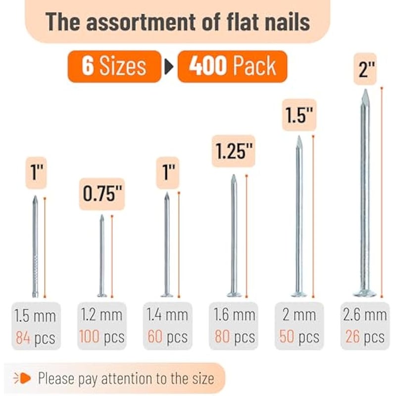 - Nail Assortment Kit, 400 PCS, 6 Sizes, Silver, Small Nails for Hanging Pictures, Finishing Nails, Wall Nails for Hanging, Pin Nails, Hardware Nails, Assorted Nails, Galvanized Nails - Image 2