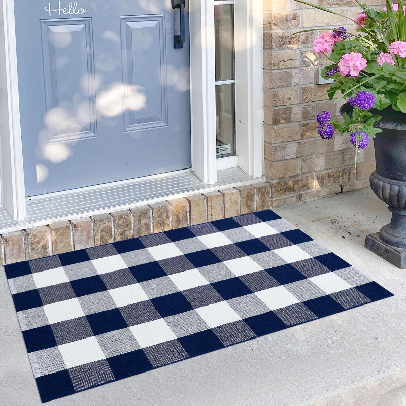 KILOCOCO Buffalo Plaid Checkered Rug 27.5x43 Inches Front Door Mat Outdoor Blue and White Rug Cotton Washable Front Porch Rugs Layered Doormats for Patio Farmhouse Entryway Kitchen Foyer - Image 1