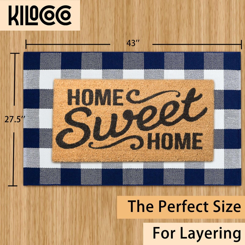 KILOCOCO Buffalo Plaid Checkered Rug 27.5x43 Inches Front Door Mat Outdoor Blue and White Rug Cotton Washable Front Porch Rugs Layered Doormats for Patio Farmhouse Entryway Kitchen Foyer - Image 3
