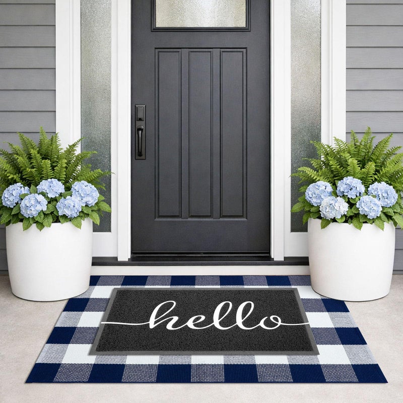 KILOCOCO Buffalo Plaid Checkered Rug 27.5x43 Inches Front Door Mat Outdoor Blue and White Rug Cotton Washable Front Porch Rugs Layered Doormats for Patio Farmhouse Entryway Kitchen Foyer - Image 2