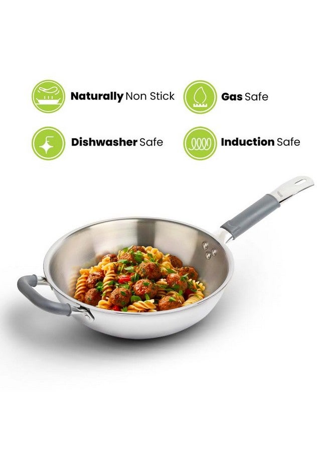 Allo Allo Triply Stainless Steel Wok for Deep Fry/Stir Fry/Dry Veg/Sauté/Chinese Wok Cooking/Noodles Induction Friendly Naturally Non-Stick | 10 Years Warranty, 26Cm, 3.7 Litre  - Image 3