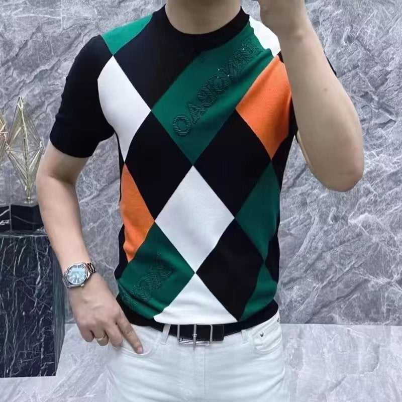 Source Manufacturers Men'S Ice Silk Short Sleeve T-Shirt 2024 New Trend All-Match Handsome Checkered Half Sleeve Upper - Image 2