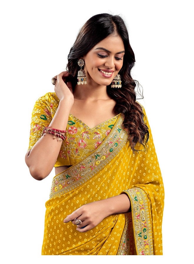 SIRIL Women's Georgette Bandhani Printed Embroidery Saree, Traditional Wedding Sarees For Women With Unstitched Blouse Piece (4115S908_Yellow) - Image 1
