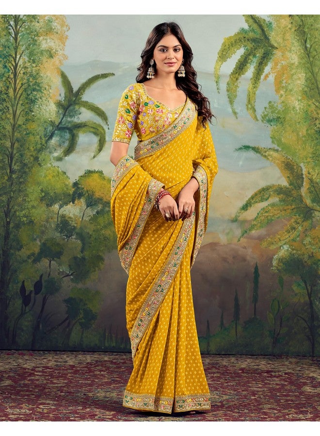 SIRIL Women's Georgette Bandhani Printed Embroidery Saree, Traditional Wedding Sarees For Women With Unstitched Blouse Piece (4115S908_Yellow) - Image 2