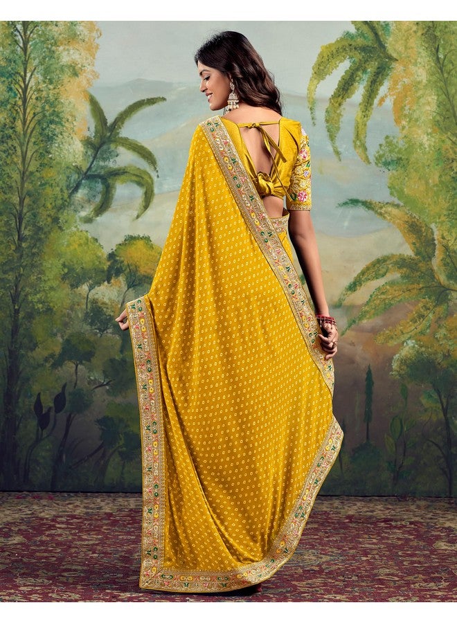 SIRIL Women's Georgette Bandhani Printed Embroidery Saree, Traditional Wedding Sarees For Women With Unstitched Blouse Piece (4115S908_Yellow) - Image 3