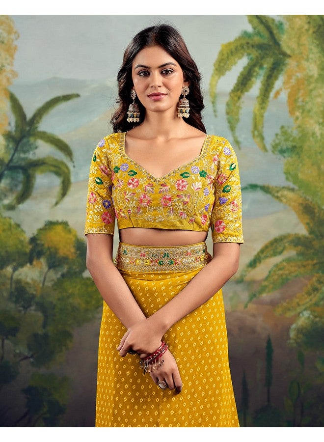 SIRIL Women's Georgette Bandhani Printed Embroidery Saree, Traditional Wedding Sarees For Women With Unstitched Blouse Piece (4115S908_Yellow) - Image 5