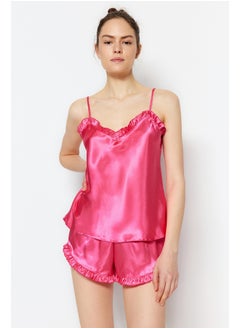 Fuchsia Frilly Satin Singlet-Shorts, Woven Pajamas Set THMSS22PT0274