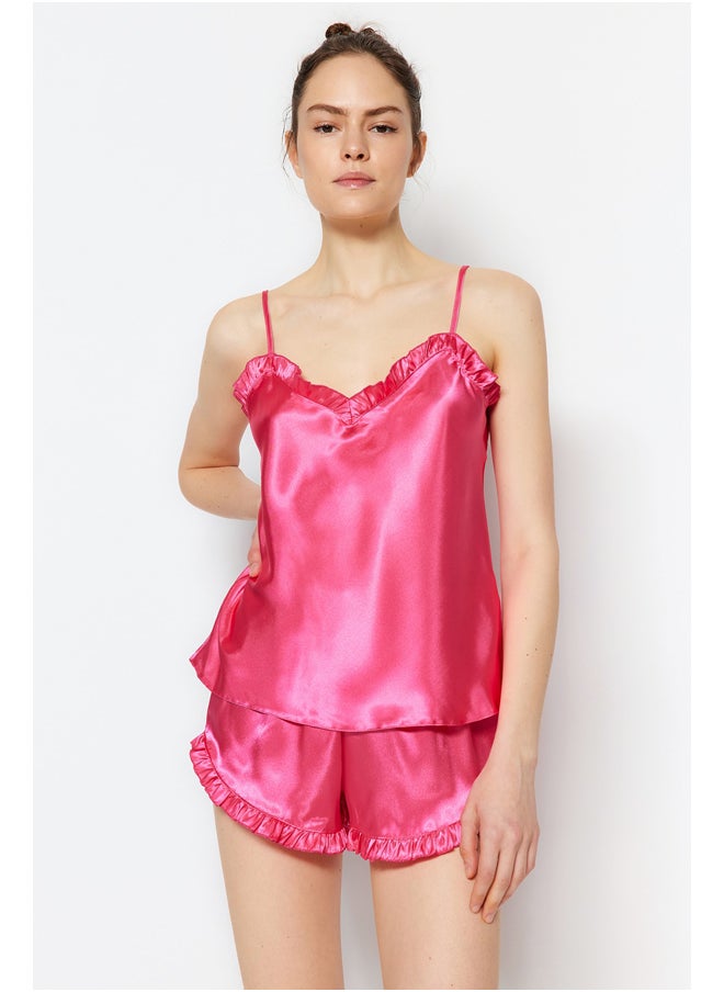 trendyol - Fuchsia Frilly Satin Singlet-Shorts, Woven Pajamas Set THMSS22PT0274 - Image 1