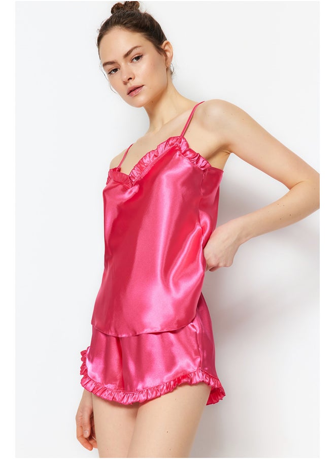 trendyol - Fuchsia Frilly Satin Singlet-Shorts, Woven Pajamas Set THMSS22PT0274 - Image 1
