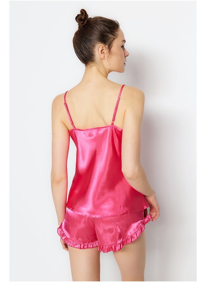 trendyol - Fuchsia Frilly Satin Singlet-Shorts, Woven Pajamas Set THMSS22PT0274 - Image 1