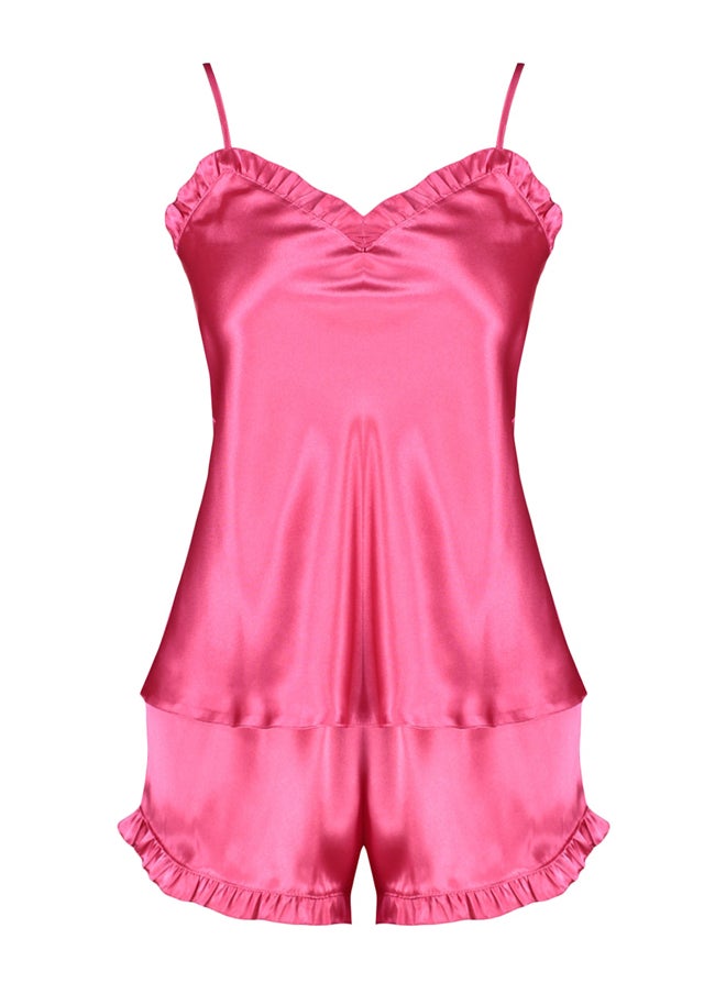 trendyol - Fuchsia Frilly Satin Singlet-Shorts, Woven Pajamas Set THMSS22PT0274 - Image 1