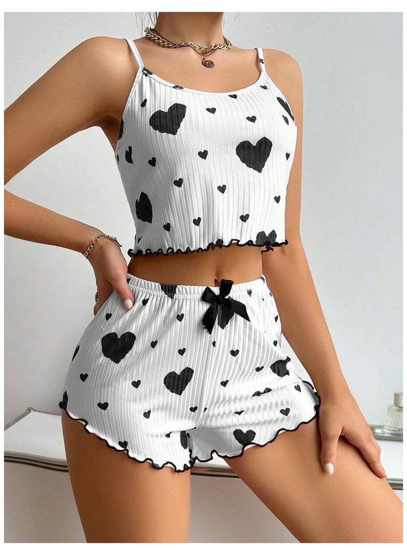 Womens 2 Piece Heart Print Pajama Set Ribbed Crop Top with Backless Design Stretch Shorts Women Nightwear And Loungewear