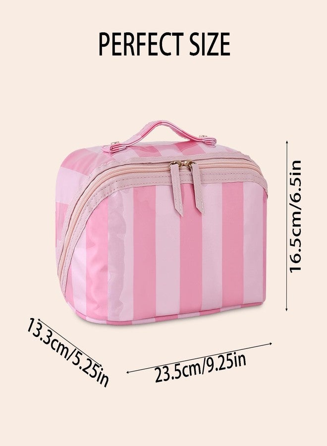 DYSHAYEN Stripe Travel Makeup Bag with Compartments Clear Coated Cosmetic Bag for Women, Waterproof Portable Open Flat Toiletry bag （Pink-Hot Pink） - Image 4