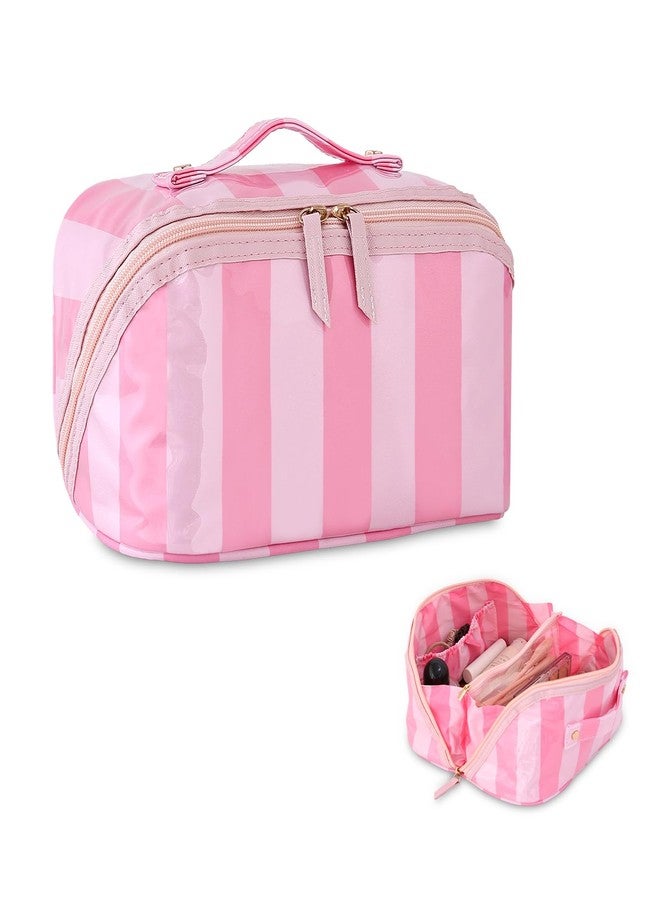 DYSHAYEN Stripe Travel Makeup Bag with Compartments Clear Coated Cosmetic Bag for Women, Waterproof Portable Open Flat Toiletry bag （Pink-Hot Pink） - Image 1