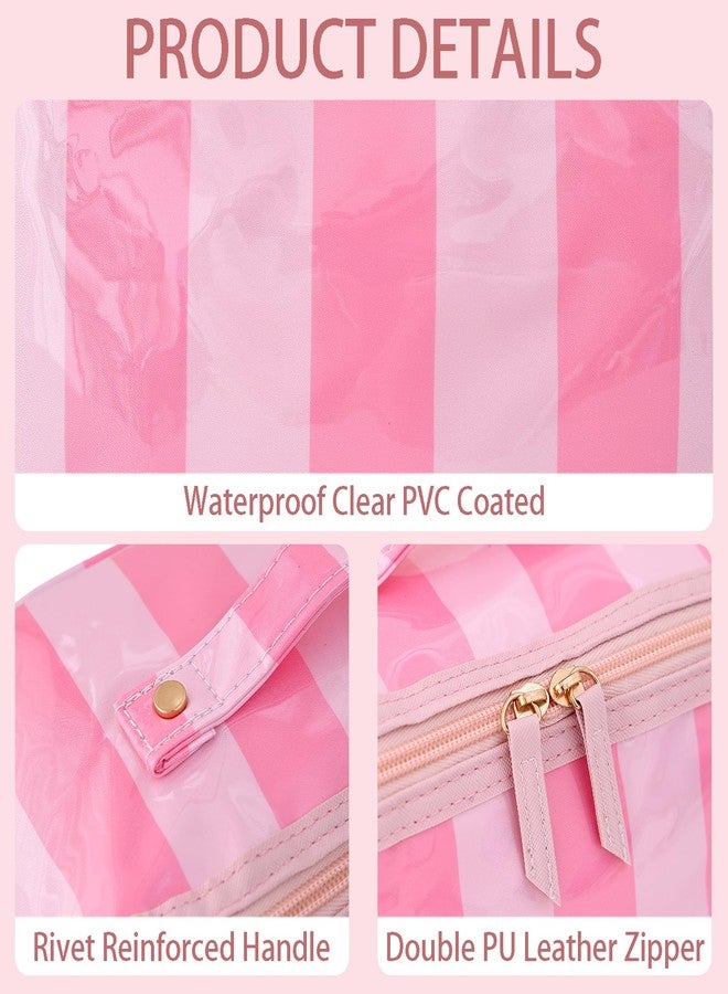 DYSHAYEN Stripe Travel Makeup Bag with Compartments Clear Coated Cosmetic Bag for Women, Waterproof Portable Open Flat Toiletry bag （Pink-Hot Pink） - Image 3