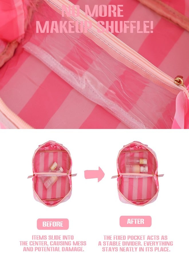 DYSHAYEN Stripe Travel Makeup Bag with Compartments Clear Coated Cosmetic Bag for Women, Waterproof Portable Open Flat Toiletry bag （Pink-Hot Pink） - Image 5