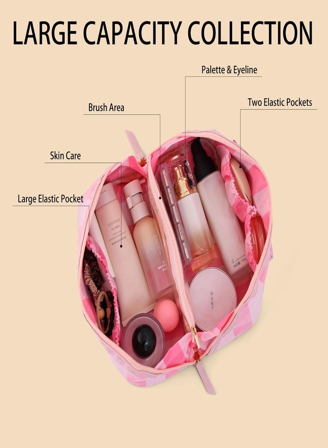 DYSHAYEN Stripe Travel Makeup Bag with Compartments Clear Coated Cosmetic Bag for Women, Waterproof Portable Open Flat Toiletry bag （Pink-Hot Pink） - Image 2