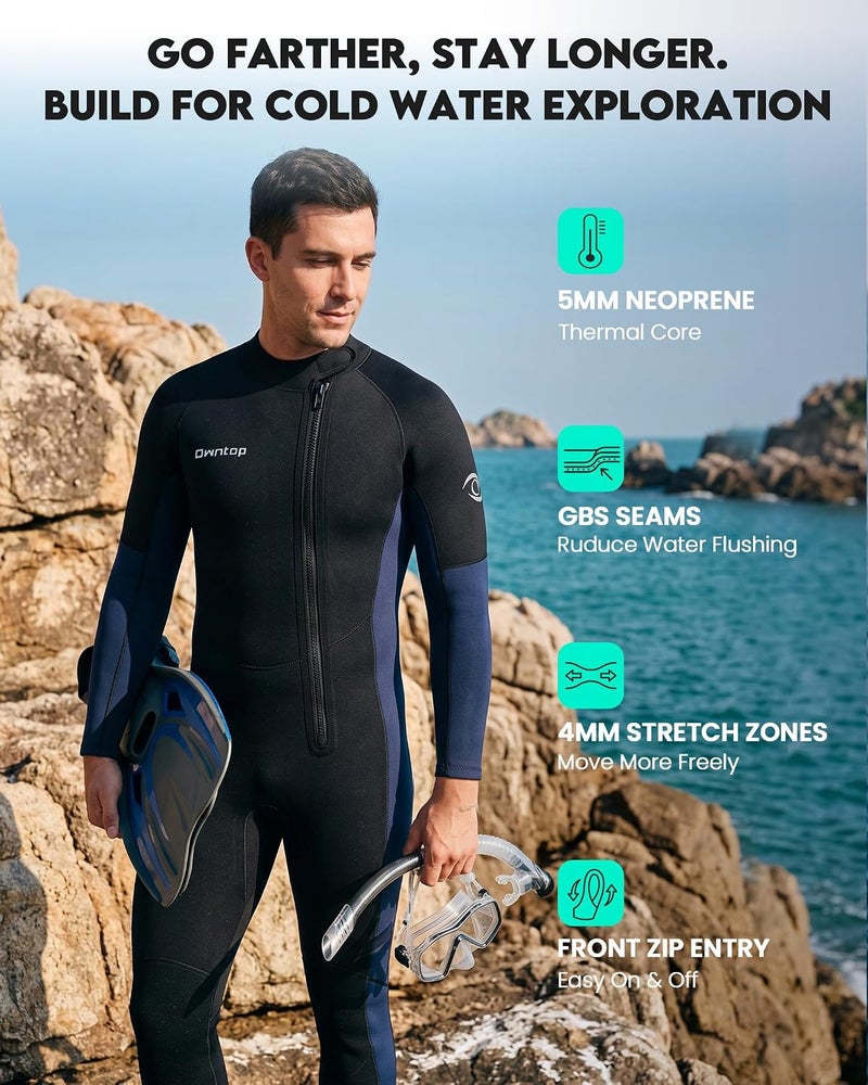 Owntop 5mm Wetsuit for Men, Warm & Flexible Full Body Neoprene Wet Suit, GBS Seams for Cold Water Surfing Snorkeling Diving Swimming - Image 2