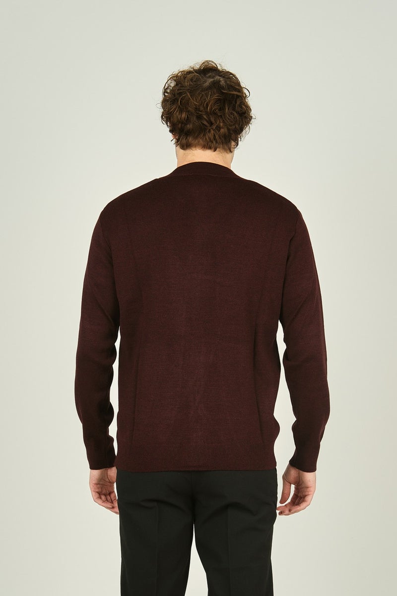 Ateş Triko Ateş Knitwear Men's Zippered Pocket Detailed Judge Collar Wool Cardigan 4491 Dark Burgundy  - Image 4
