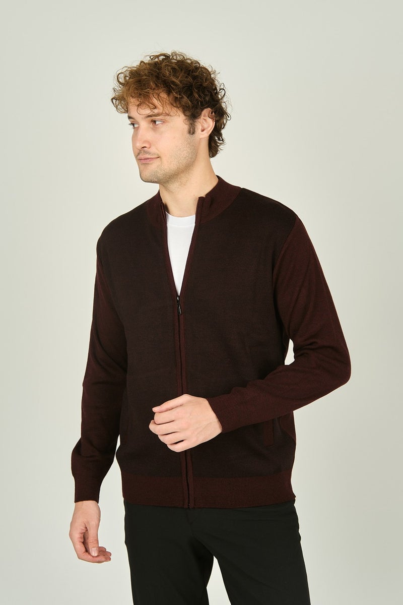 Ateş Triko Ateş Knitwear Men's Zippered Pocket Detailed Judge Collar Wool Cardigan 4491 Dark Burgundy  - Image 3