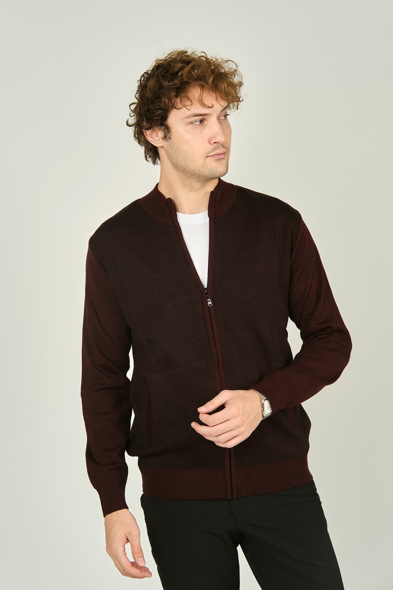 Ateş Triko Ateş Knitwear Men's Zippered Pocket Detailed Judge Collar Wool Cardigan 4491 Dark Burgundy  - Image 1