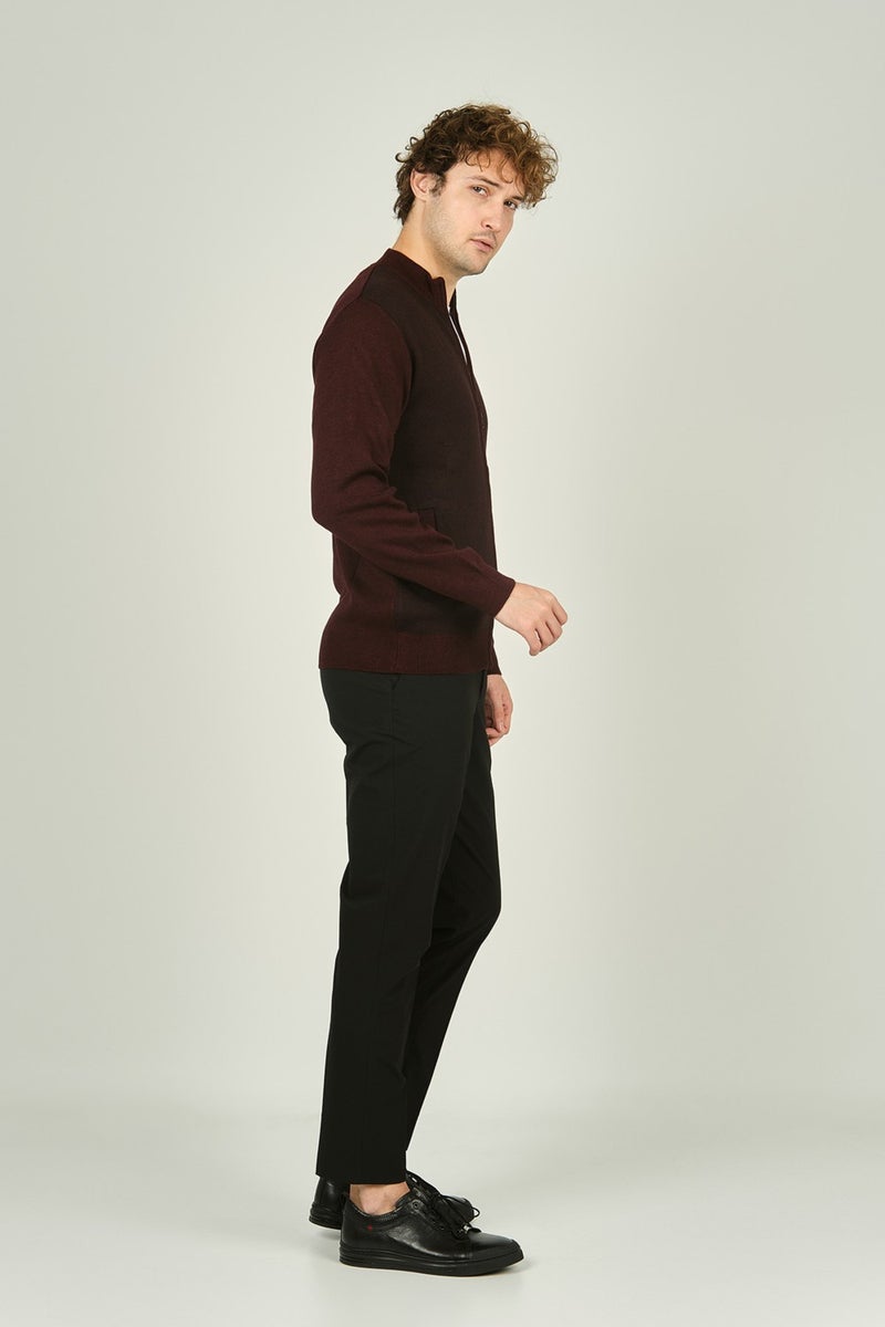 Ateş Triko Ateş Knitwear Men's Zippered Pocket Detailed Judge Collar Wool Cardigan 4491 Dark Burgundy  - Image 2