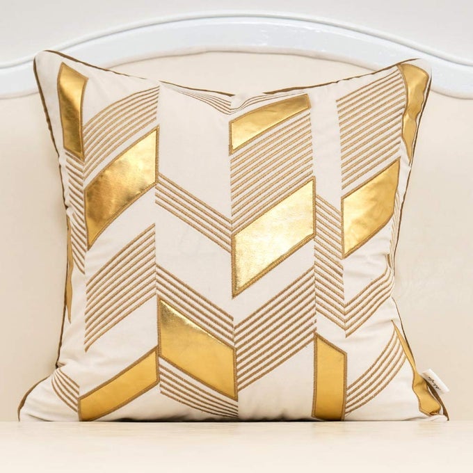 20 x 20 Inches White Geometric Gold Leather Striped Cushion Cases Embroidery Modern Throw Pillow Covers Decorative Pillows for Couch Living Room Bedroom Car 50 x 50cm