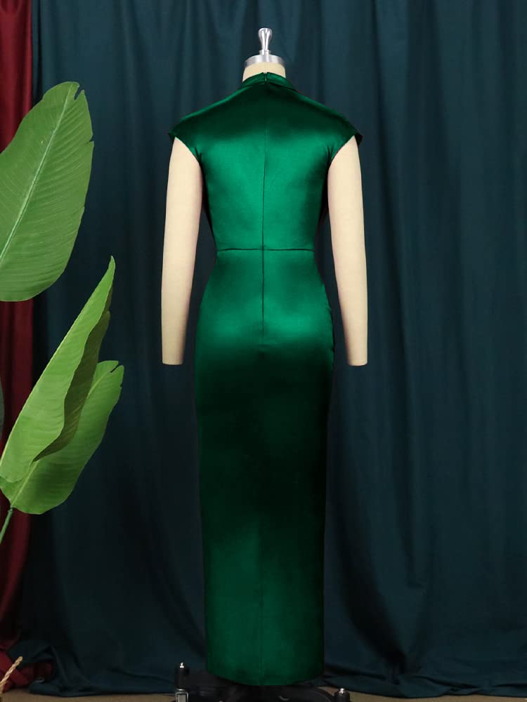 AOMEI Women's Sleeveless Pleated High Waist Ruched Slit Slim Elegant Long Satin Dress (Green,1XL) - Image 5
