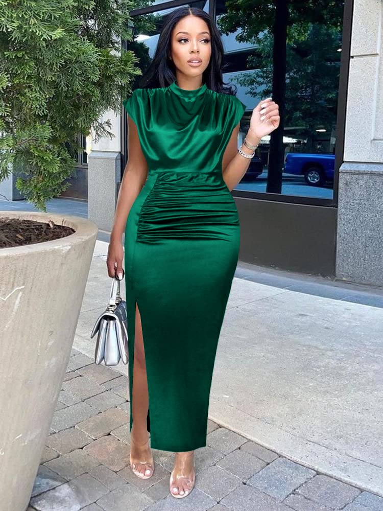 AOMEI Women's Sleeveless Pleated High Waist Ruched Slit Slim Elegant Long Satin Dress (Green,1XL) - Image 2