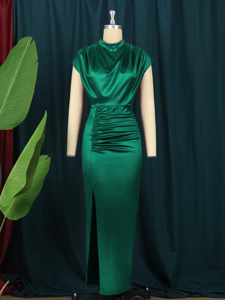 AOMEI Women's Sleeveless Pleated High Waist Ruched Slit Slim Elegant Long Satin Dress (Green,1XL) - Image 3