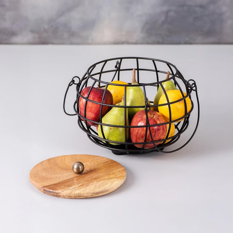 Nestroots Fruit and Vegetable Basket Rack with Round Net Baskets - Metal Fruit Stand with Black Metal Handle (Black) - Image 1